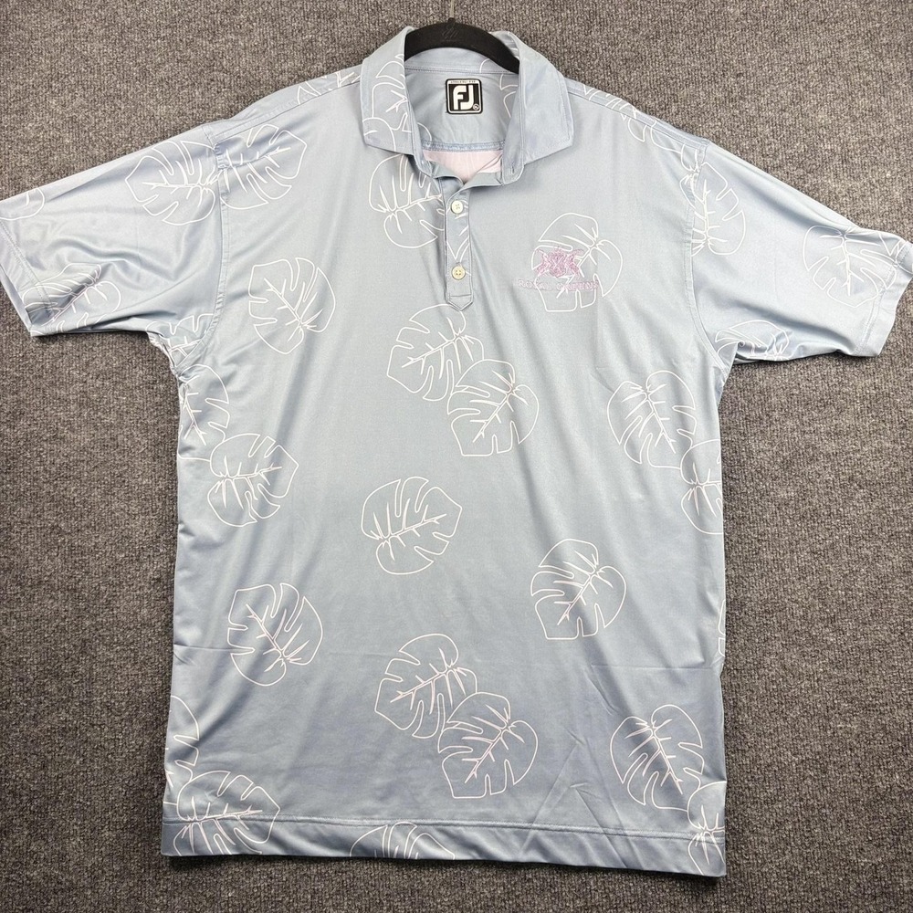 FootJoy Polo Shirt Mens XL Blue Royal Greens Leaf‎ Print Golf Athletic Fit